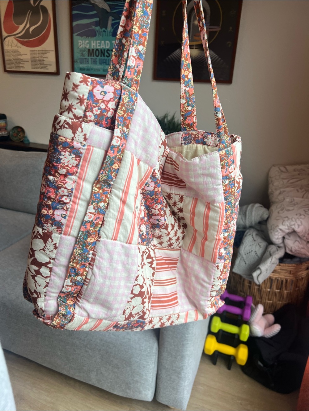 Universal Thread Quilted Patchwork Tote in Pink and Cream